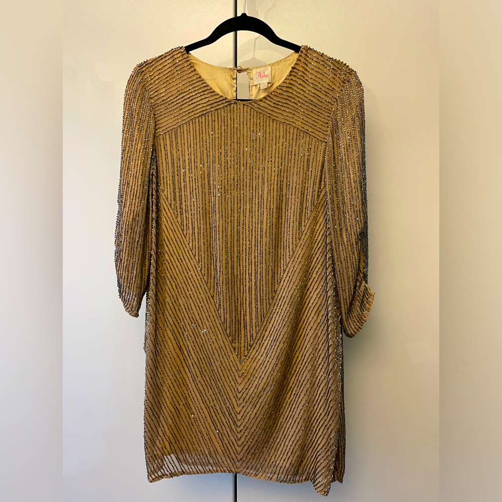 Parker nude sequin beaded silk mini dress Small